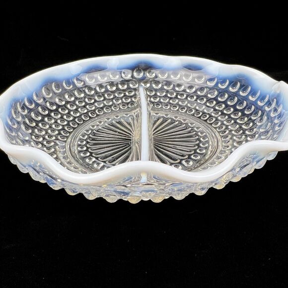 Fenton Hobnail Divided Glass Dish Clear Opalescent Wavy Edge Candy Relish Vtg - Picture 8 of 12